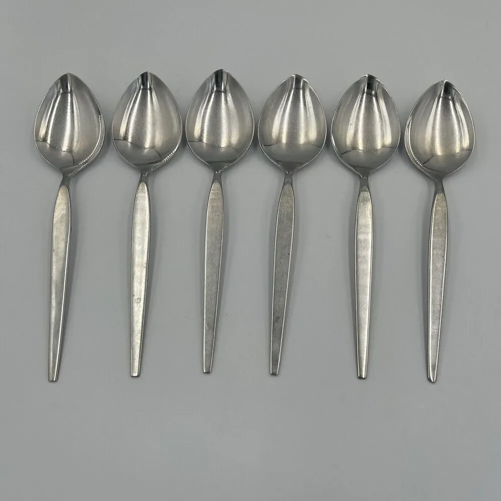6 Oneida Community SATINIQUE Older Style Stainless Oval SOUP SPOONS Vtg Flatware